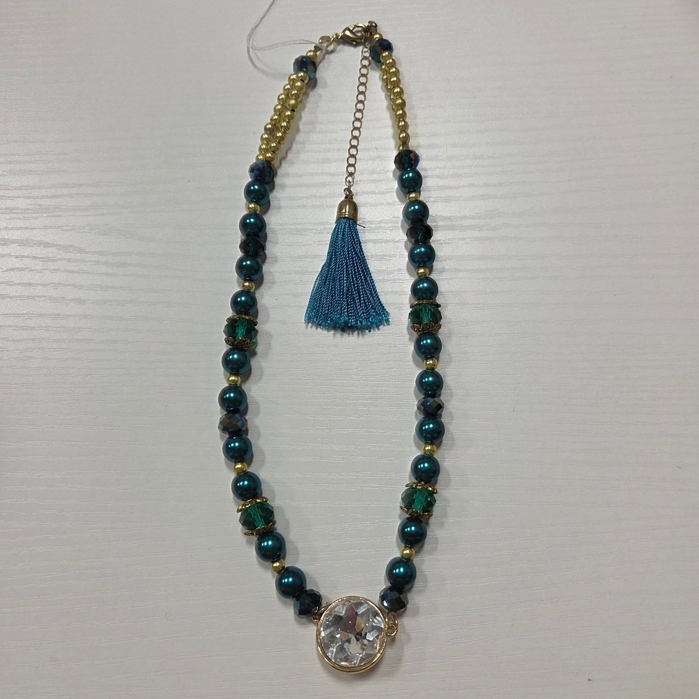 Handmade Teal Pearl Glass Bead Necklace Gold Clear Pendant Tassel Accent